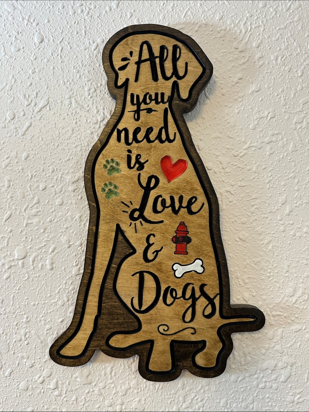 Wooden Dog Wall Art Sign - Beige with Black Outline